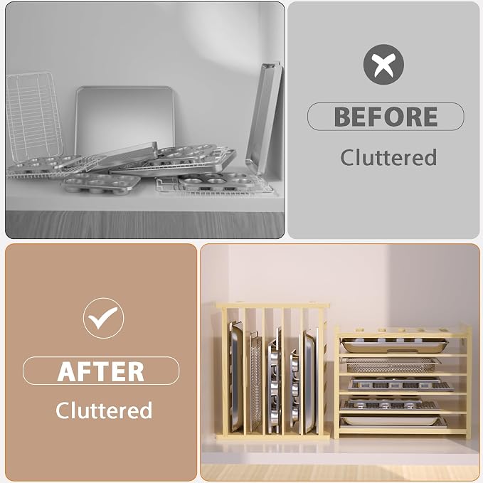6 Tier Wooden Tray Dividers for Cabinets, Baking Cookie Sheet Organizer - Image 4