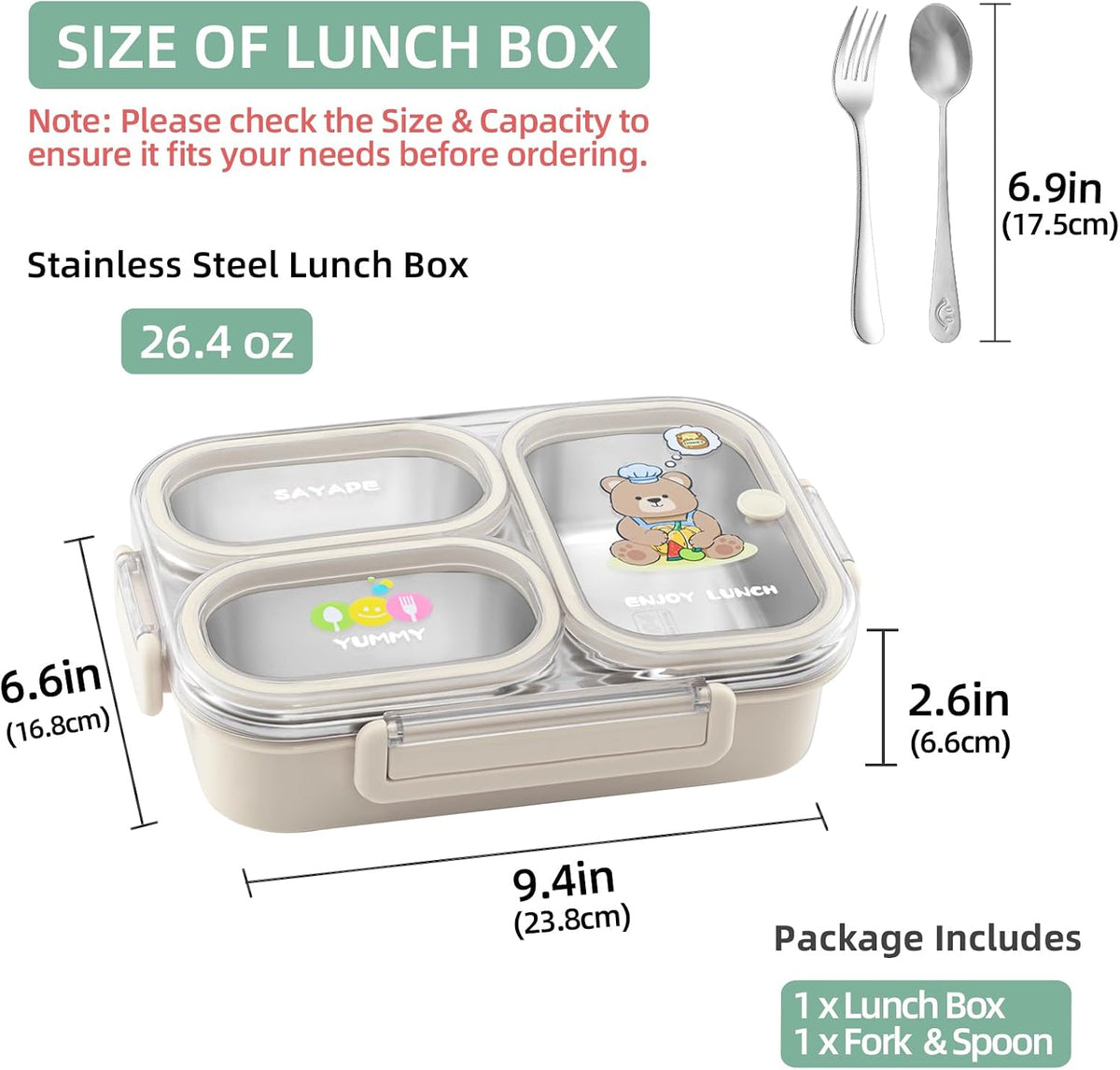Stainless Steel Bento Lunch Box for Kids, 26.4 oz Leak-Proof