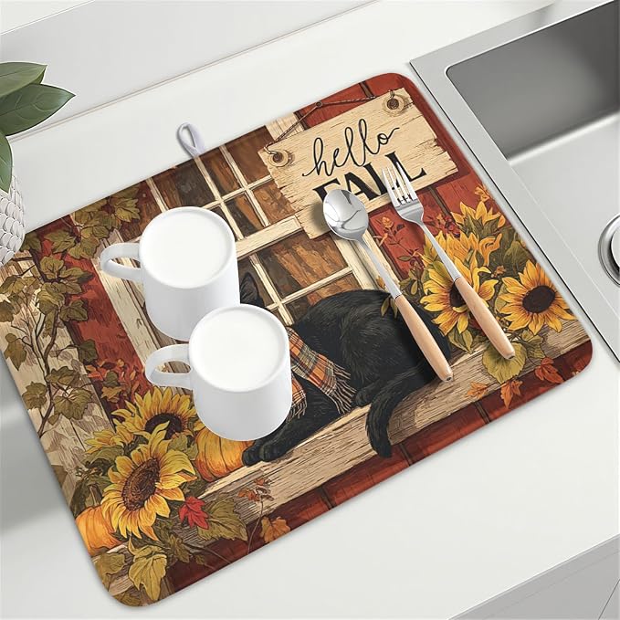 Fall Dish Drying Mat for Kitchen Counter Vintage Autumn Cat Sunflower Pumpkin - Image 8
