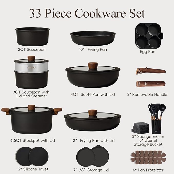 CAROTE 33pcs Pots and Pans Non Stick, Cookware Sets Detachable Handle, - Image 2