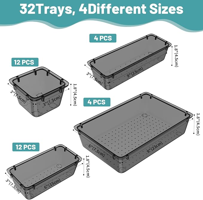 WOWBOX 32 PCS Clear Plastic Drawer Organizer Set, 4 Sizes Desk Drawer - Image 2