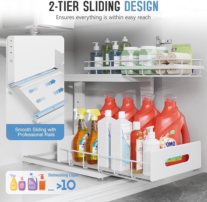 Under Sink Organizer Upgrade To Professional Rails, 2-Tier Dual Pull Out - Image 5