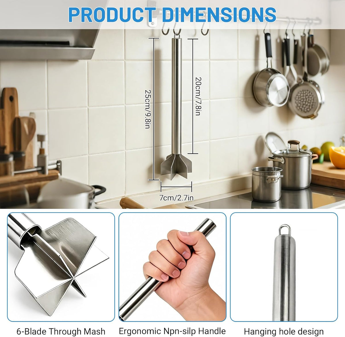 Meat Masher, 6 Blade Stainless Steel Ground Beef Chopper Tool, 8"
