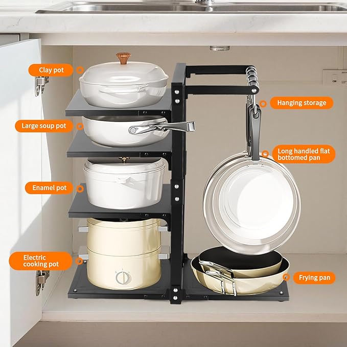 4-Tier Pot and Pan Organizer Rack, Adjustable Kitchen Cabinet Storage - Image 5