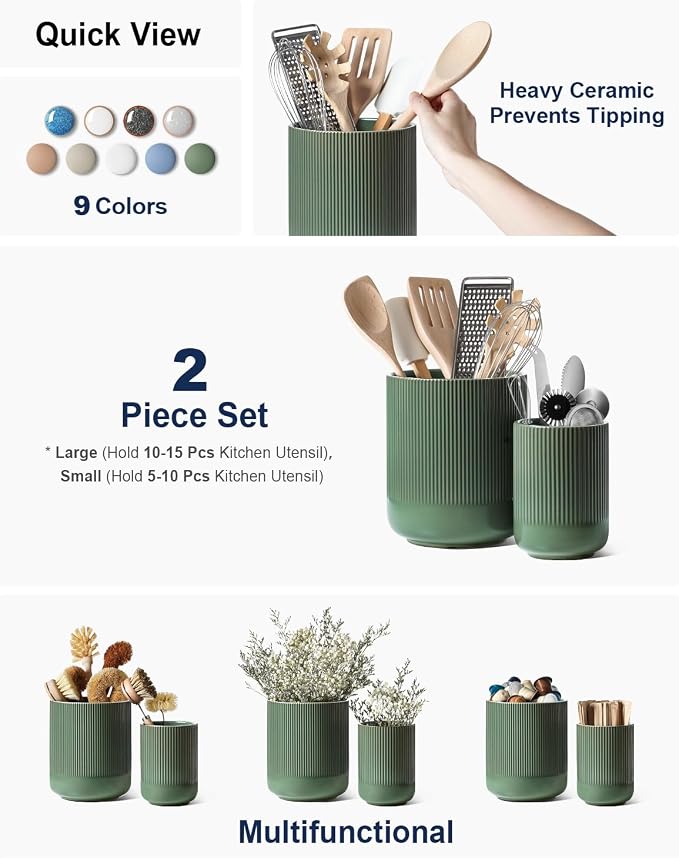 LE TAUCI Utensil Holder for Kitchen Counter, 7.3"+5.4" Fluted Ceramic Utensil - Image 2