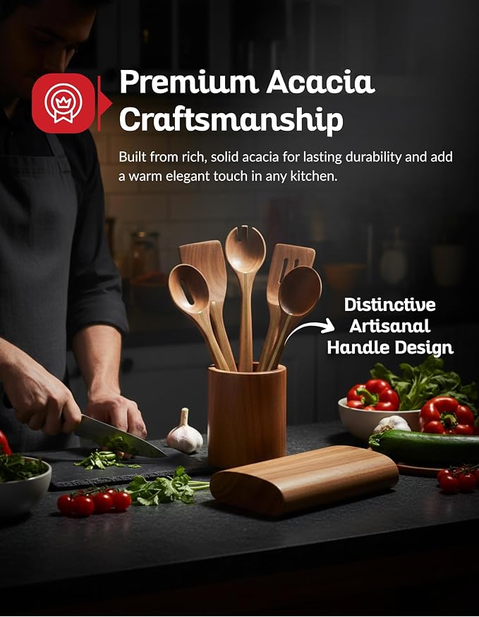Acacia Utensil Set of 5 with Holder – Premium Wooden Cooking Utensils, Eco - Image 2