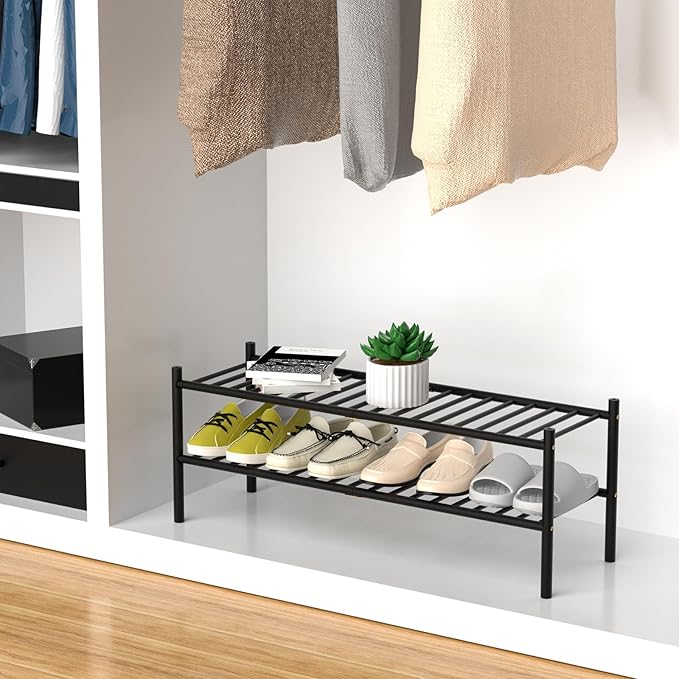 ROMGUAR CRAFT 2-Tier Bamboo Long Shoe Rack, Free Standing Wood Shoe Shelf - Image 4