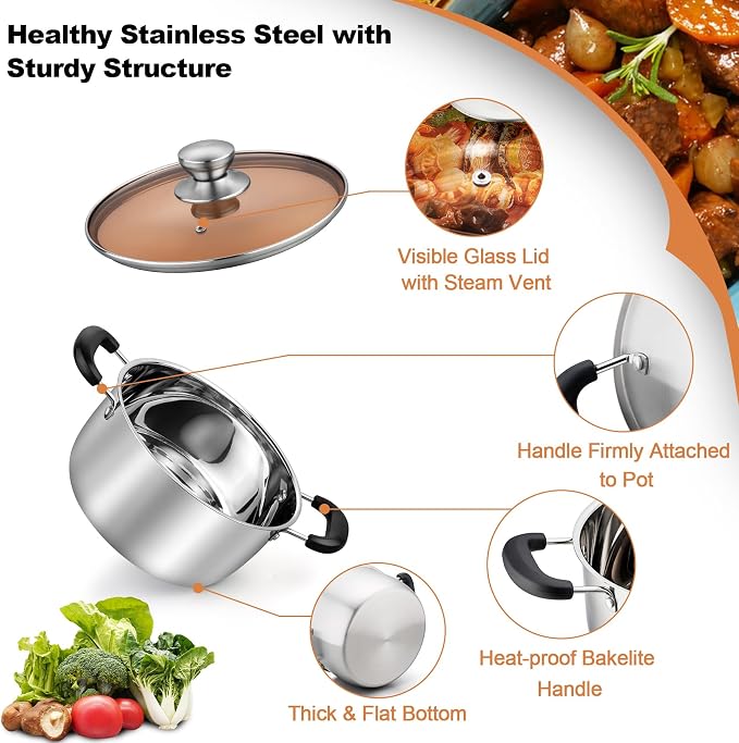 TeamFar Stock Pot 4qt, Stainless Steel Stock Soup Pasta Pot - Image 3