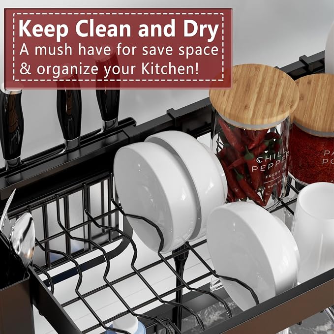 VNKZI Over Sink Dish Drying Rack, 2 Tier Full Stainless Steel Storage - Image 5
