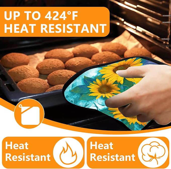Sunflower Oven Mitts and Pot Holders Sets 4Pcs, Extra Long Oven Gloves Potholder - Image 4