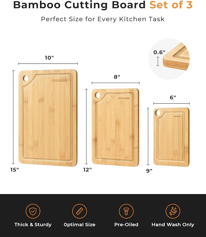 Bamboo Cutting Board for Kitchen, Knife-Friendly Wooden Cutting Boards Set - Image 5