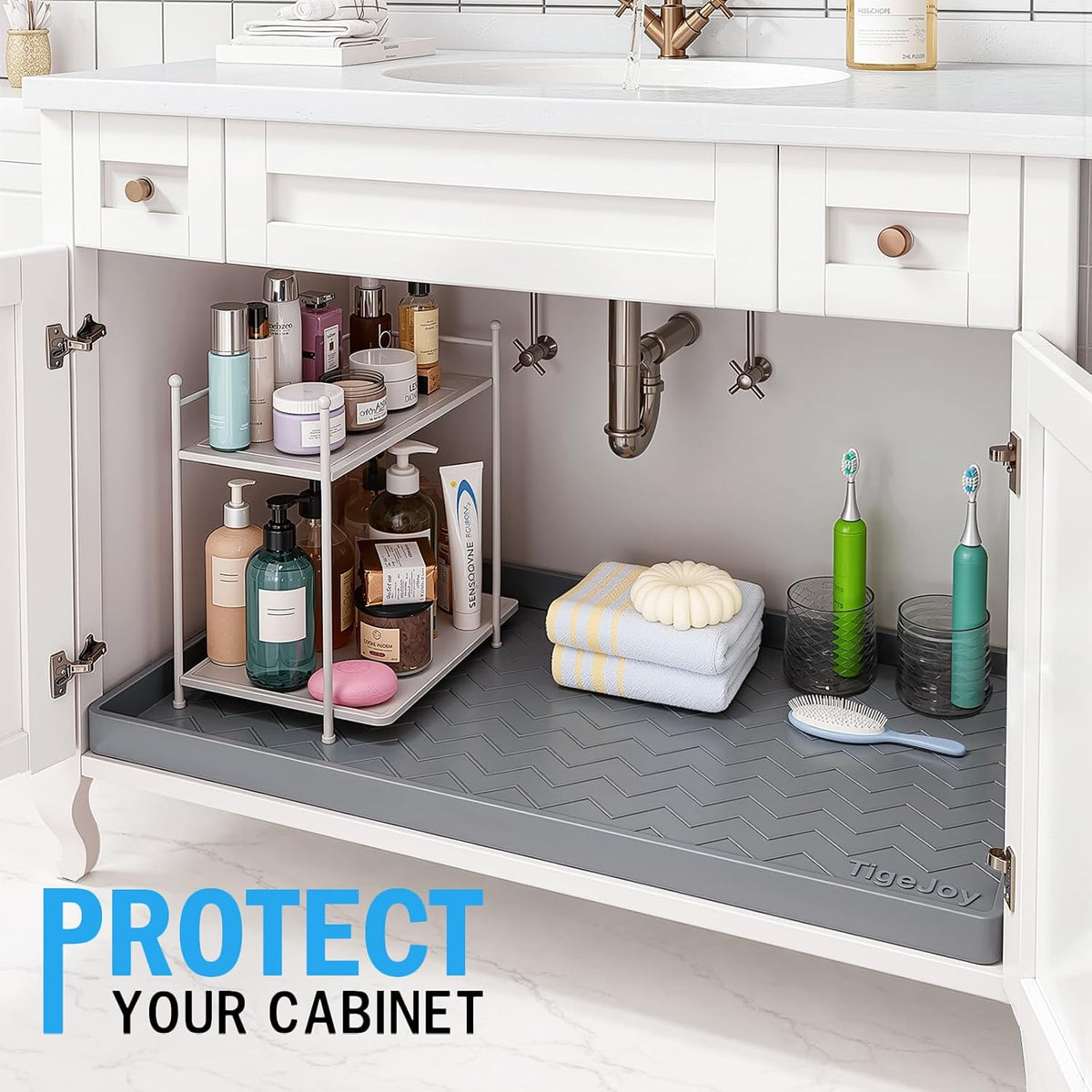 TigeJoy Under Sink Mats for Kitchen Waterproof 28" x 19", Cabinet