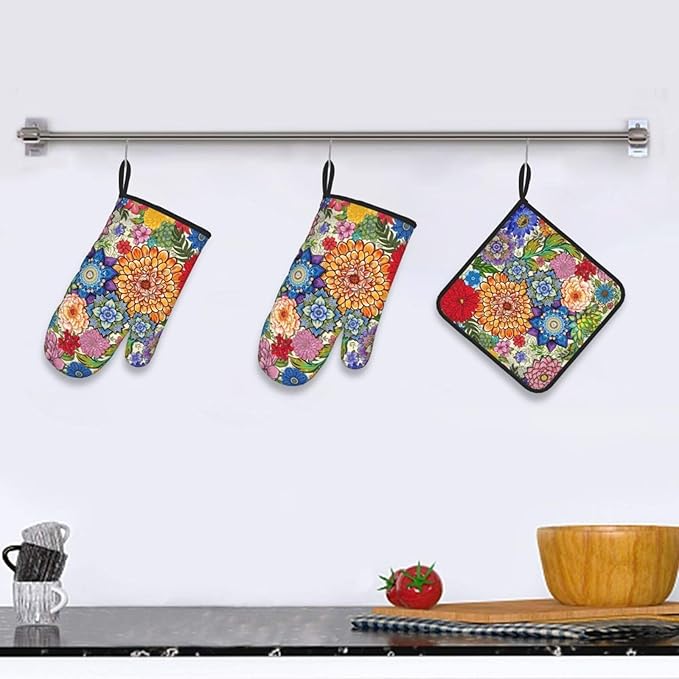 Boho Floral Oven Mitts and Pot Holders Sets of 3, Colorful Flowers Heat - Image 2