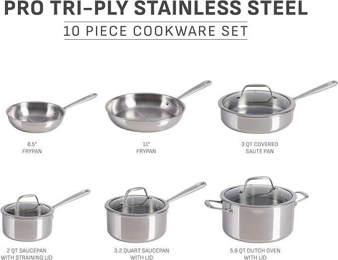 T-fal Pro Tri-Ply Stainless Steel Cookware Set, 10 Piece-Induction Compatible - Image 2