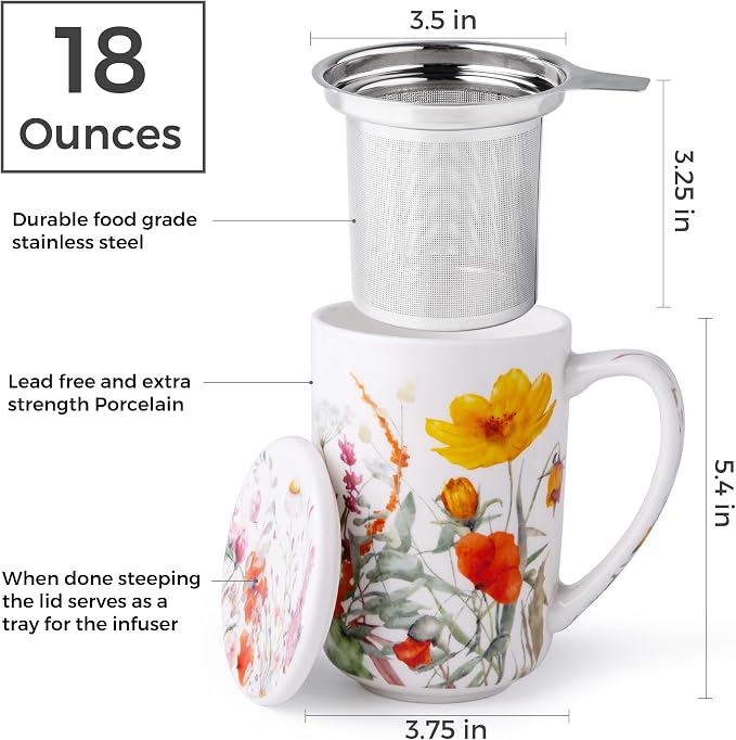 AmorArc Porcelain Tea Mug with Infuser and Lids, 18 Oz Large Cup Strainer with - Image 3