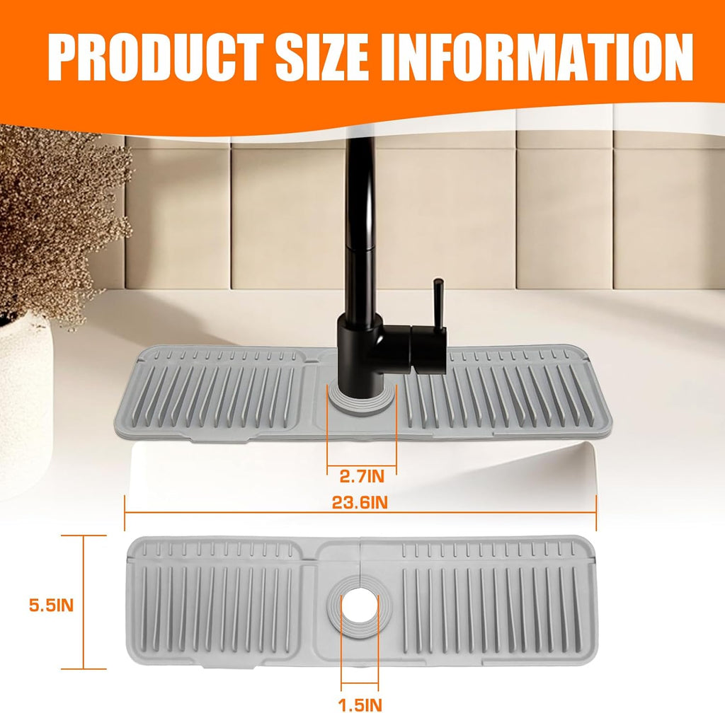 24" Silicone Faucet Mat for Kitchen Sink,7° Draining Mat with Snap