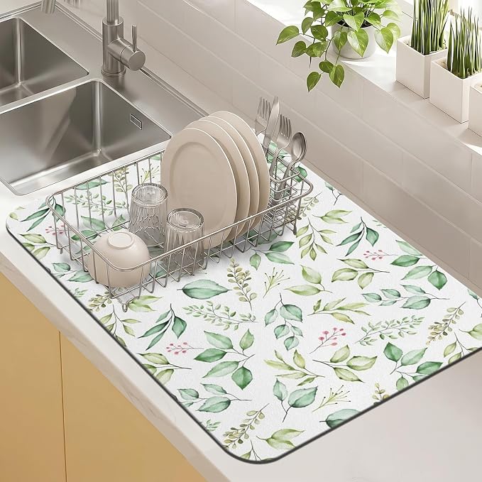 Kitchen Countertop Dish Drying Mat, Super Absorbent Coffee Bar Mat by Kuyig+Home