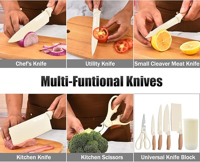 Knife Set, Wiztoynia 6-Piece Beige Kitchen Knife Set - Image 4