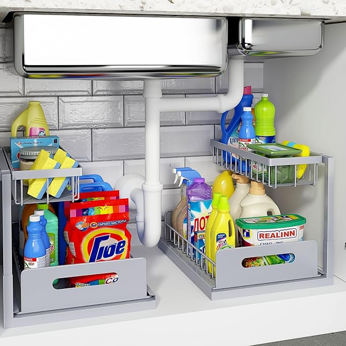 REALINN Under Sink Organizer, Pull Out Cabinet Organizer 2 Tier Slide Out Sink by REALINN