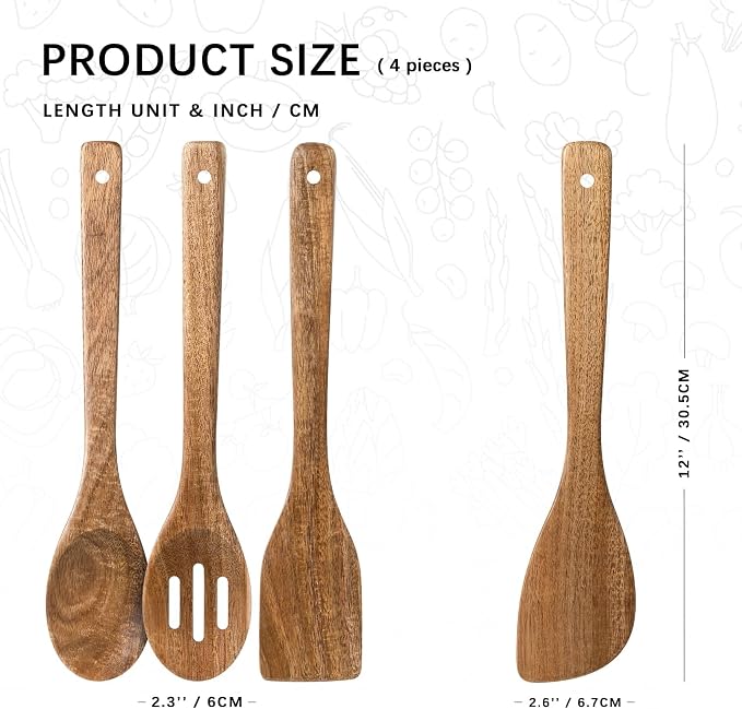 Wooden Spoons for Cooking, 4-Piece Wood Utensil Set Includes Slotted Spoon - Image 2