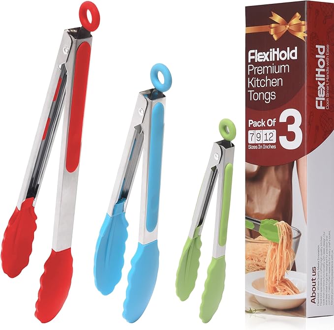 Pack of 3 Stainless Steel Kitchen Tongs by FlexiHold