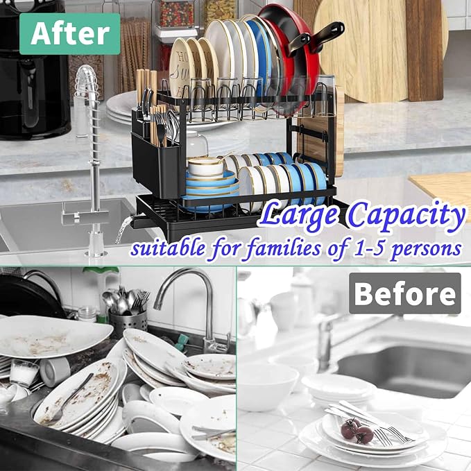 XLMYS Dish Drying Rack, 2 Tier Large Dish Drying Rack - Image 4