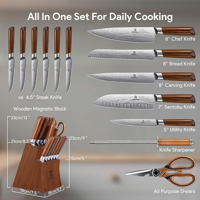Kitchen Knife Sets With Block, Piklohas 15 Pieces Knife Sets With Magnetic - Image 7