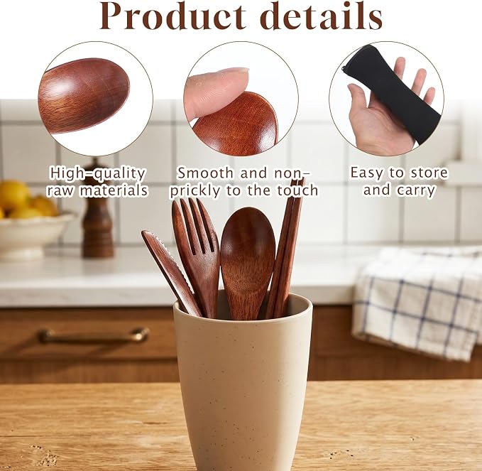 4 PCS Portable Wooden Travel Utensils, Reusable Wooden Cutlery Set - Image 4