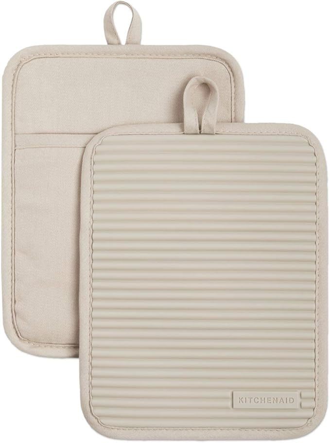 KitchenAid Ribbed Soft Silicone Pot Holder 2-Pack Set, Milkshake Tan by KitchenAid