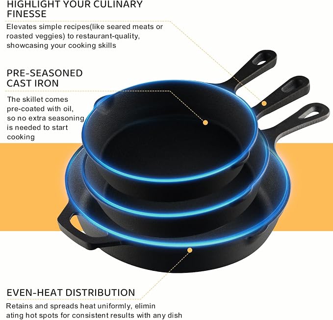 EWFEN Cast Iron Skillet 3-Piece Set, Heavy-Duty Professional Restaurant Chef - Image 7