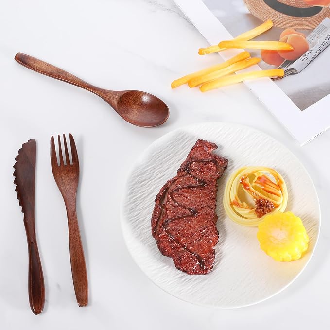 6 Pcs Wooden Utensils for Eating, Wooden Spoon Fork Cutlery Set Kitchen Wood - Image 3