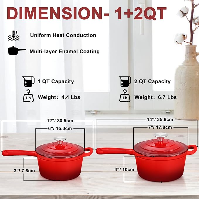 Enameled Cast Iron Sauce Pan, Leonyo 1 Qt & 2 Qt Saucepan Set, Cast Iron Dutch - Image 2