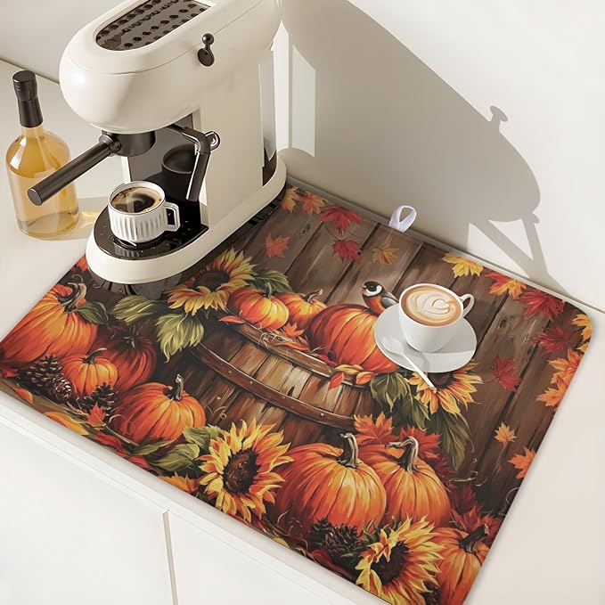 Fall Pumpkin Dish Drying Mat for Kitchen Counter Thanksgiving Autumn Harvest - Image 7
