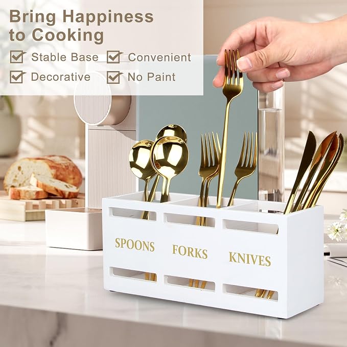 Ayiaren Wood Flatware Silverware Caddy White Cutlery Holder Kitchen Utensils - Image 3