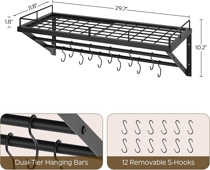 YATINEY Pot Rack, 30 Inch Wall Mounted Pot Rack, Kitchen Pot and Pan Organizer - Image 3
