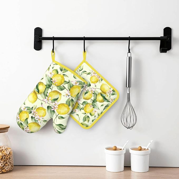 Lemon Silicone Oven Mitts Pan Mats Set of 2, Heat Resistant Gloves Potholder - Image 6