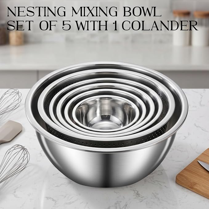 DUTZUN Heavy-Duty Stainless Steel Mixing Bowls Set of 5 plus 3QT Colander - Image 5