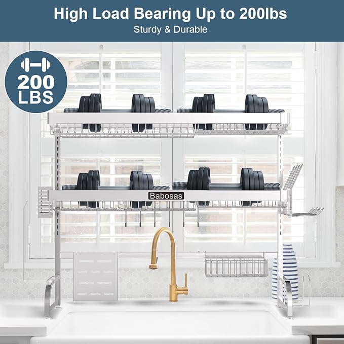 Over The Sink Dish Drying Rack, 3 Tier Adjustable Length Full Stainless Steel - Image 8