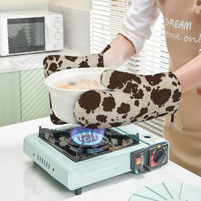 Brown Cowhide Oven Mitts and Pot Holders Sets Silicone Brown Cow Print Kitchen - Image 6
