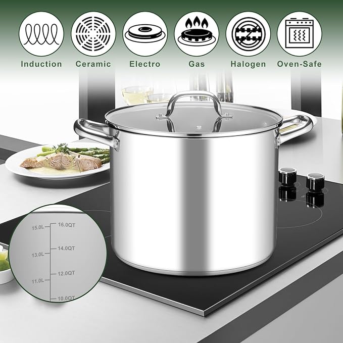 Leonyo 16 Quart Stock Pot With Lid, 18/10 Stainless Steel Stockpot, large - Image 3