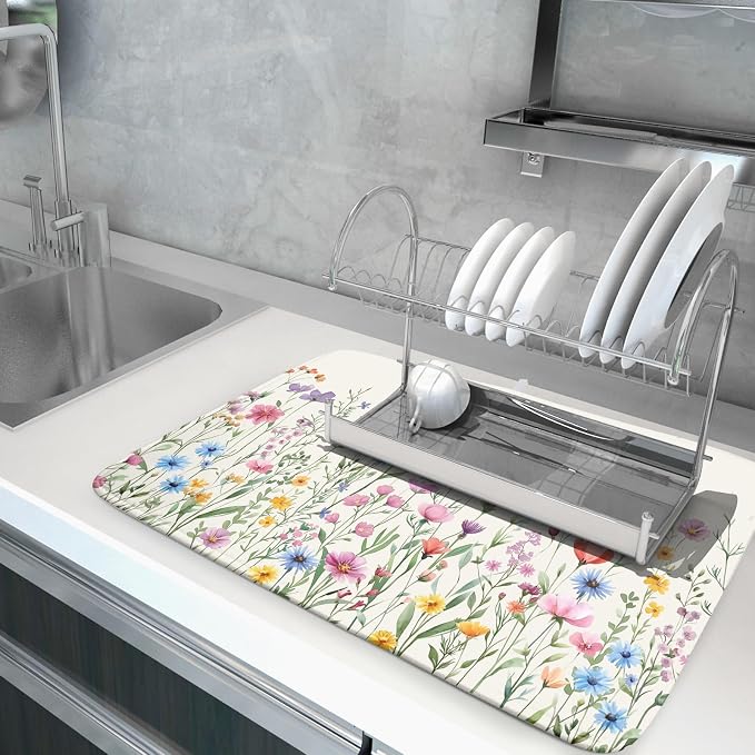 Giwawa Spring Floral Dish Drying Mat 18"x24" Watercolor Summer Wildflower Dish - Image 5