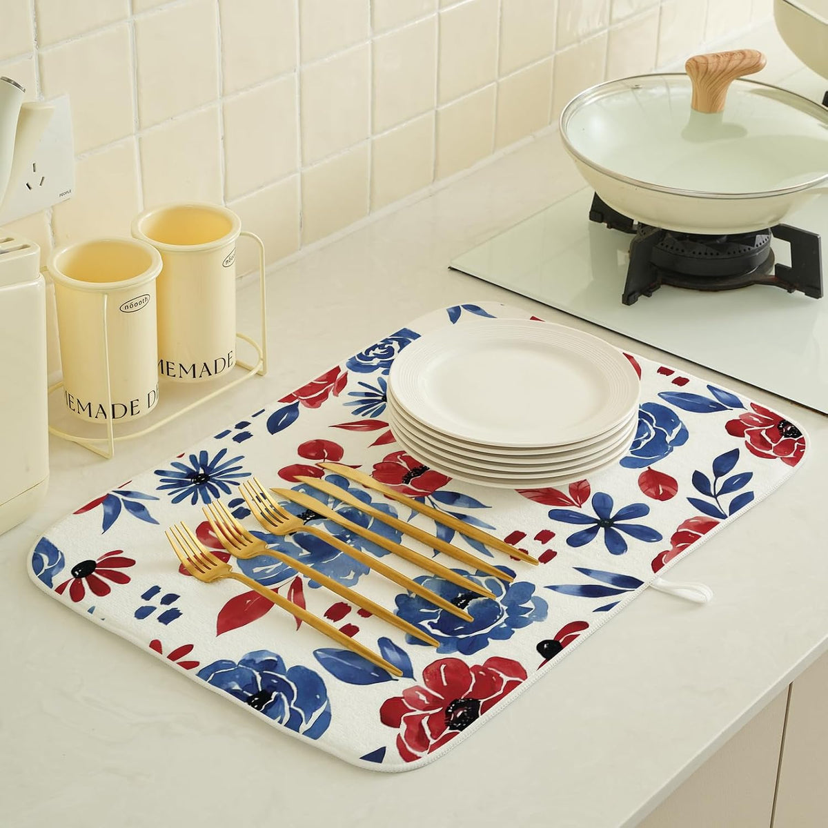 Red Blue Floral Dish Drying Mat 18x24 Inch Vintage 4th of July Drying