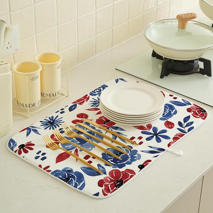 Red Blue Floral Dish Drying Mat 18x24 Inch Vintage 4th of July Drying Mat - Image 2