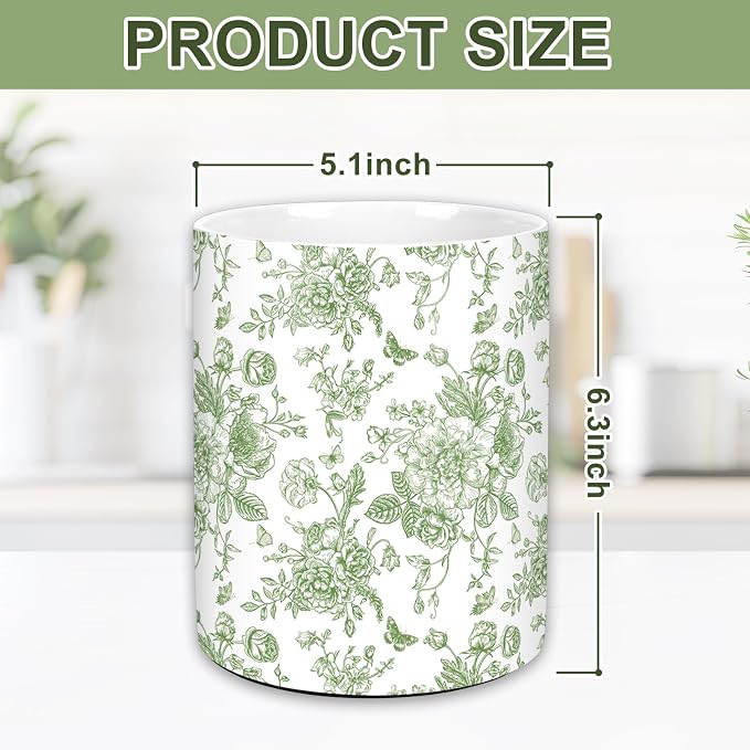JarThenaAMCS Green Floral Ceramic Utensil Holder Vintage Flower Butterfly - Image 2