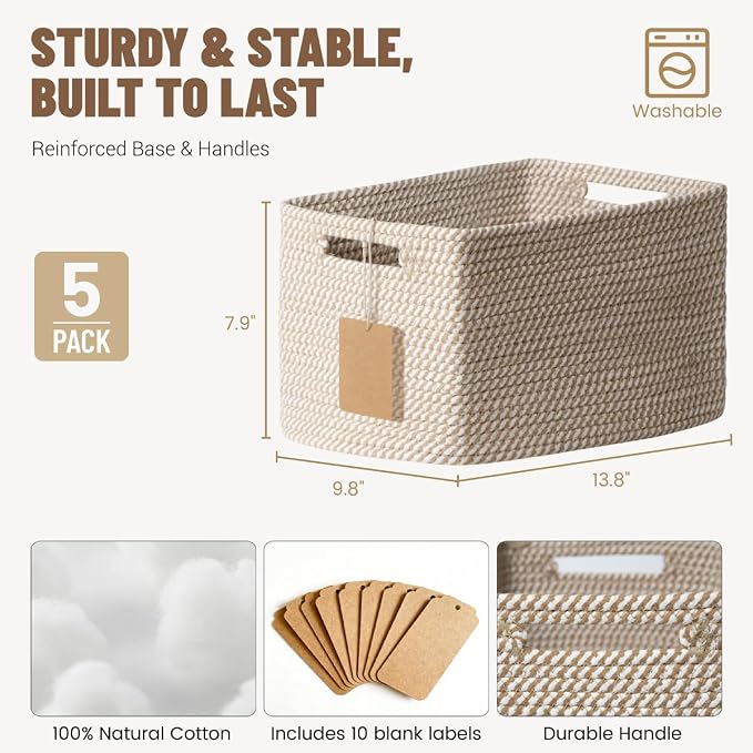 5 Pack Woven Storage Baskets for Shelves, Decorative Basket Organizer Storage - Image 3