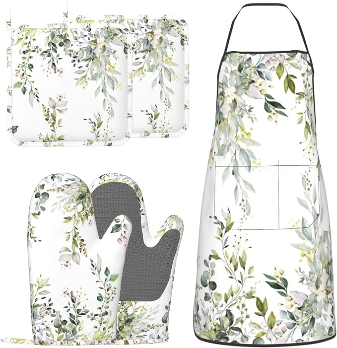 Sage Green Eucalyptus Oven Mitts Watercolor Butterfly Leaves Pot Holders by Unknown