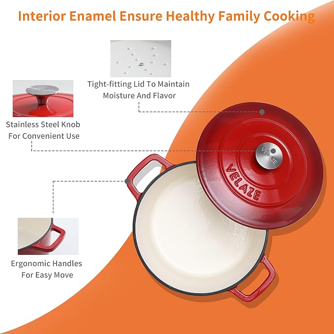 Velaze 6 QT Enameled Cast Iron Dutch Oven, Dual Handles Pot - Image 3