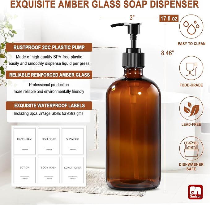 GMISUN Amber Glass Soap Dispenser, 2 Pack Bathroom Hand Soap Dispensers - Image 3