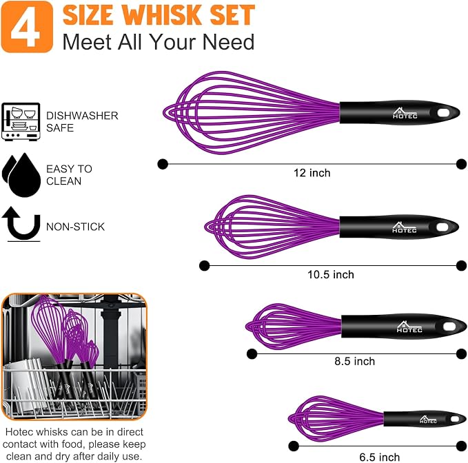 HOTEC 4 Pieces Silicone Whisks for Cooking, Wire Balloon Whisks Egg Beater - Image 3