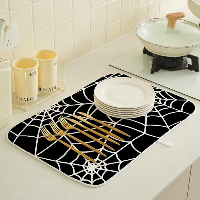Halloween Spiderweb Dish Drying Mat 18 x 24 inch Halloween Scary Themed Black - Image 4